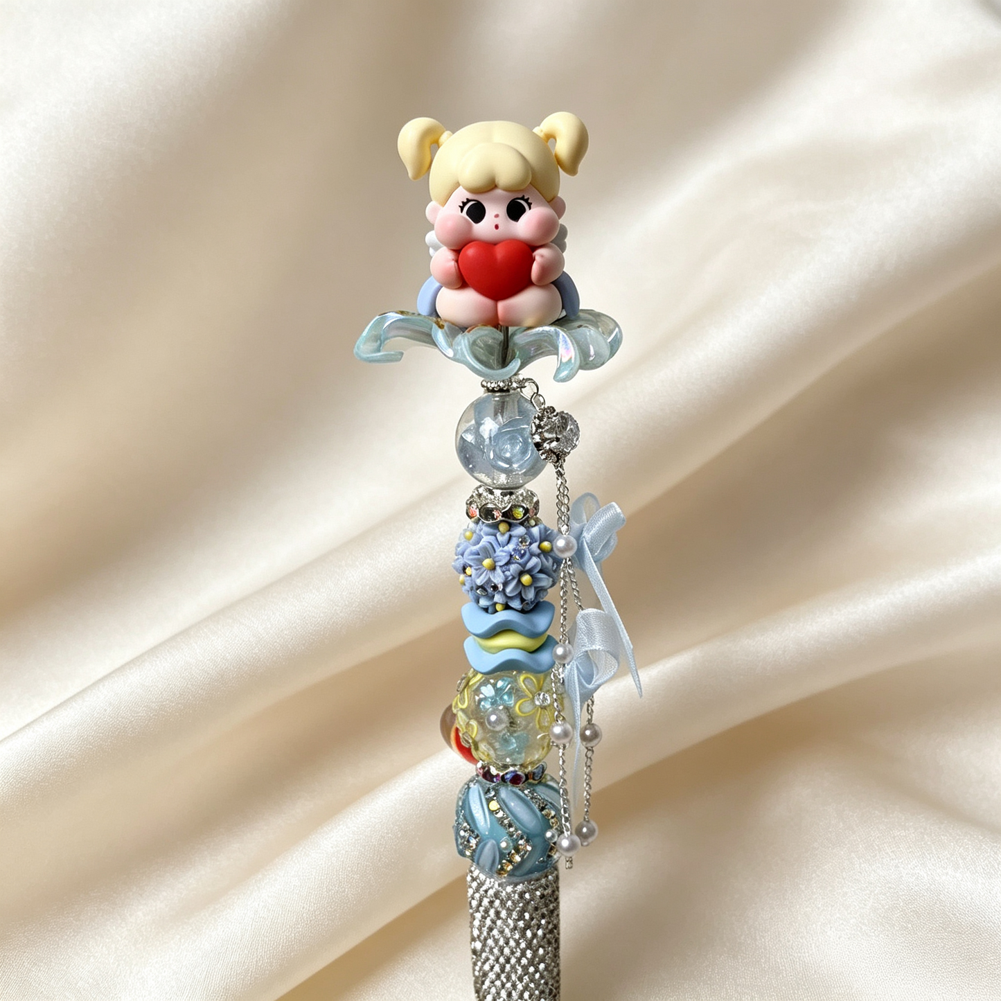 Sky-blue Cherub Doll Beaded Rhinestone Handmade Pen