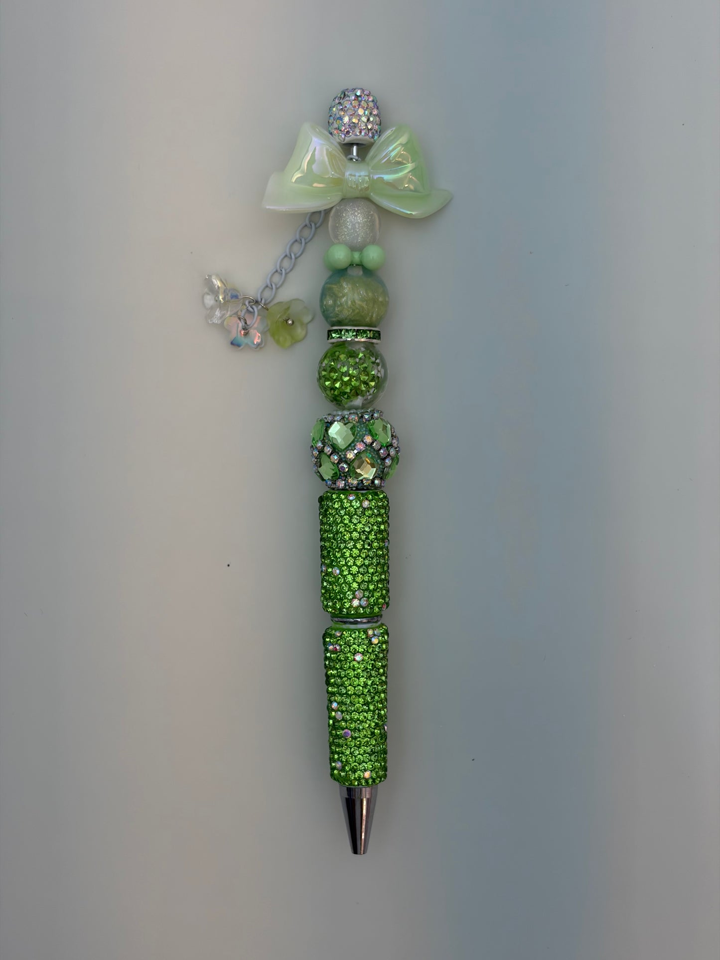 Mint Iridescent Bow Floral Rhinestone Pen