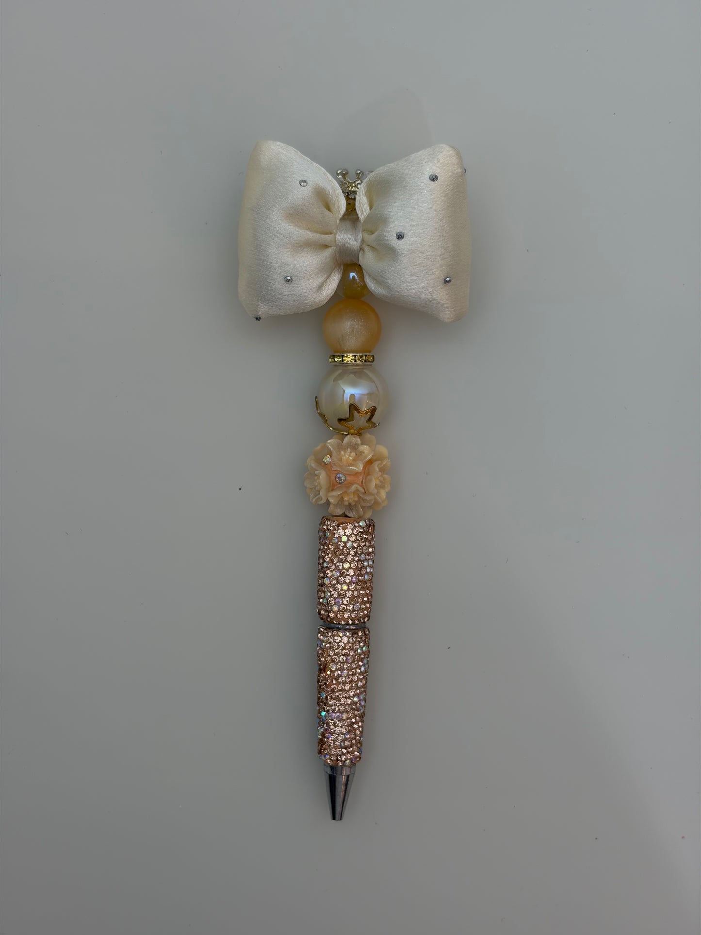 Cream Satin Bow Floral Rhinestone Pen