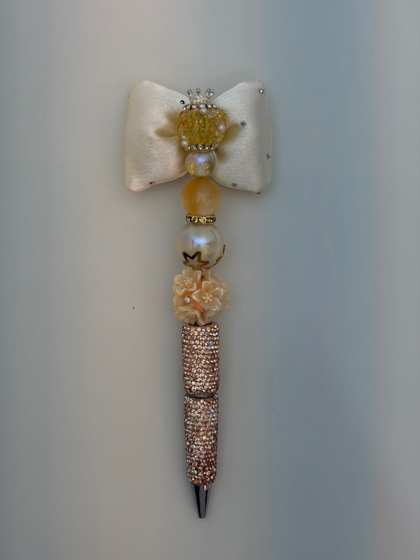 Cream Satin Bow Floral Rhinestone Pen