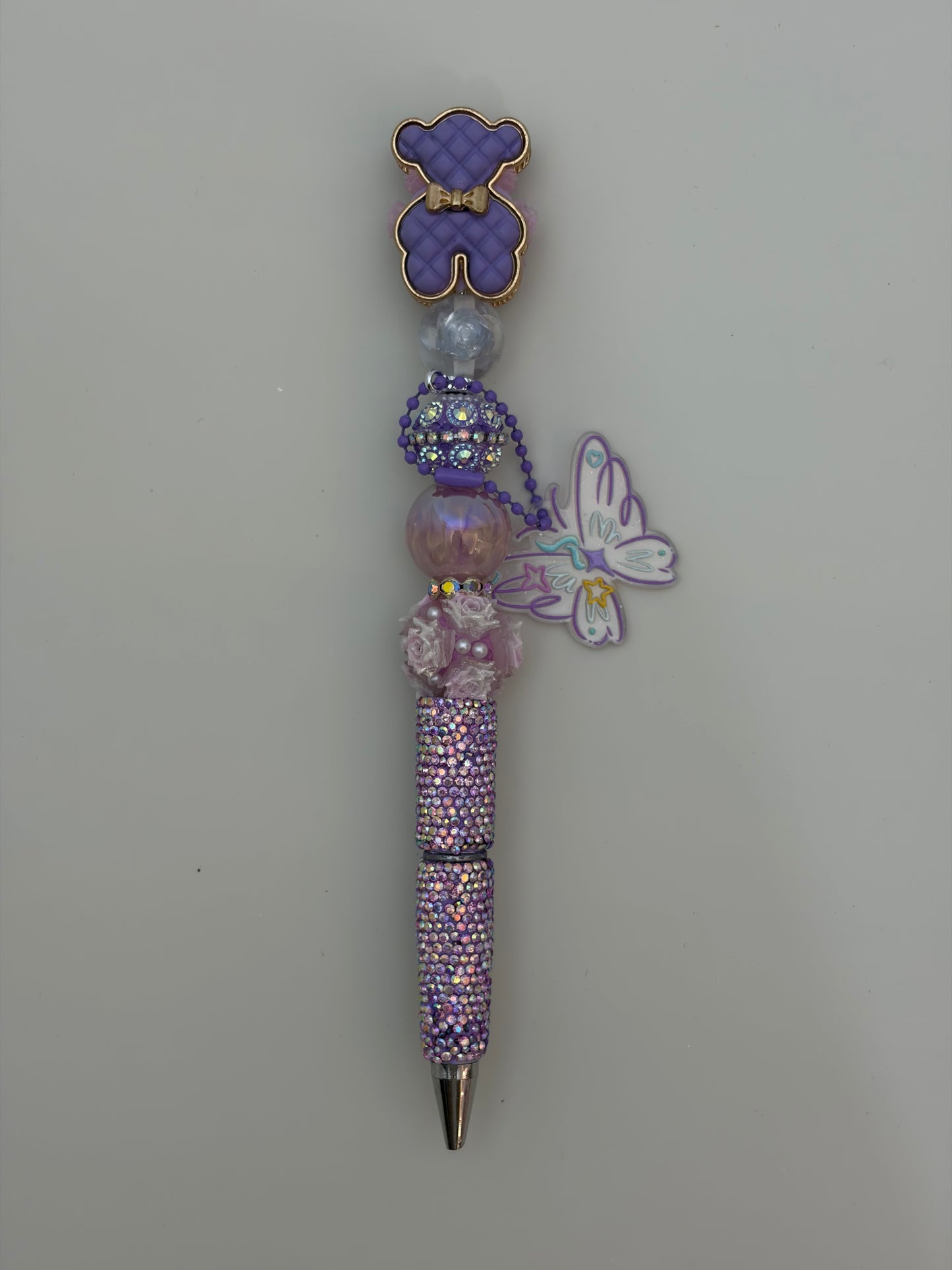 Lilac Plaid Bear Butterfly Charm Rhinestone Pen