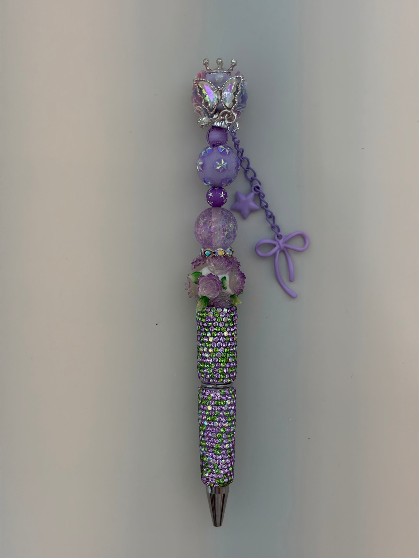 Lavender Glow Rose Star Charm Beaded Rhinestone Pen