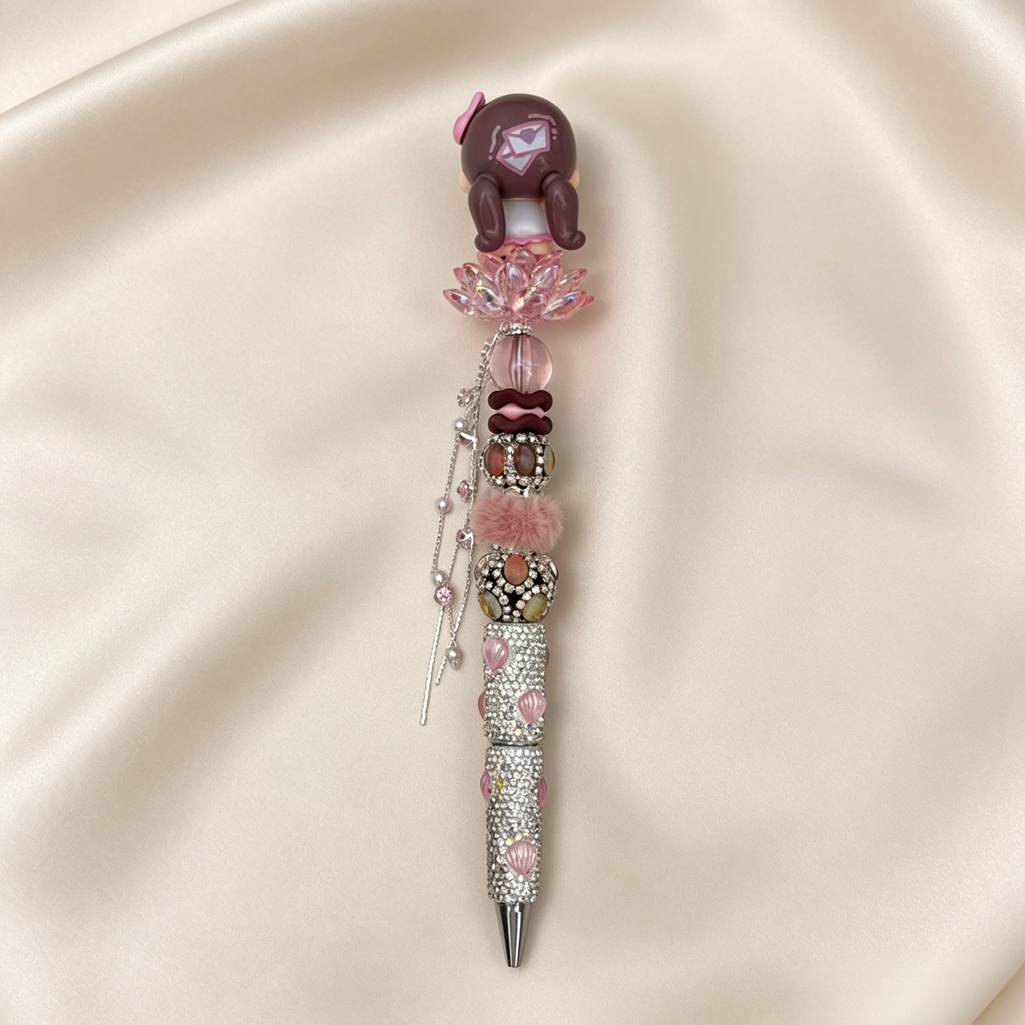 Pink Mocha Aesthetic Hug‑Girl Rhinestone Handmade Pen