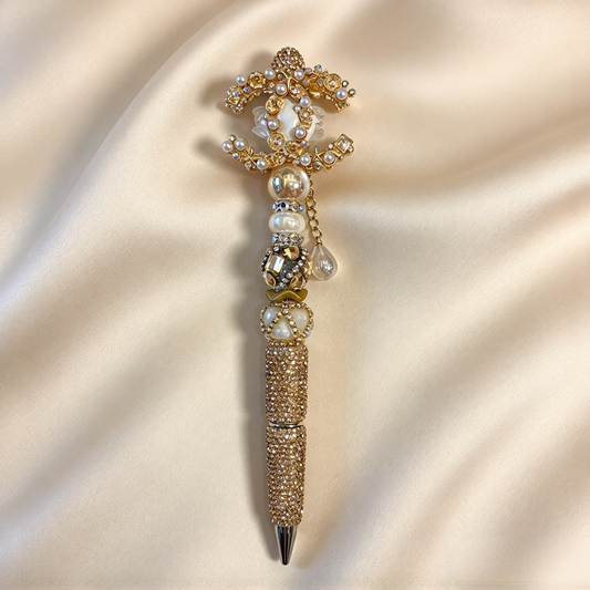 Rose Gold CC Pearl Rhinestone Pen