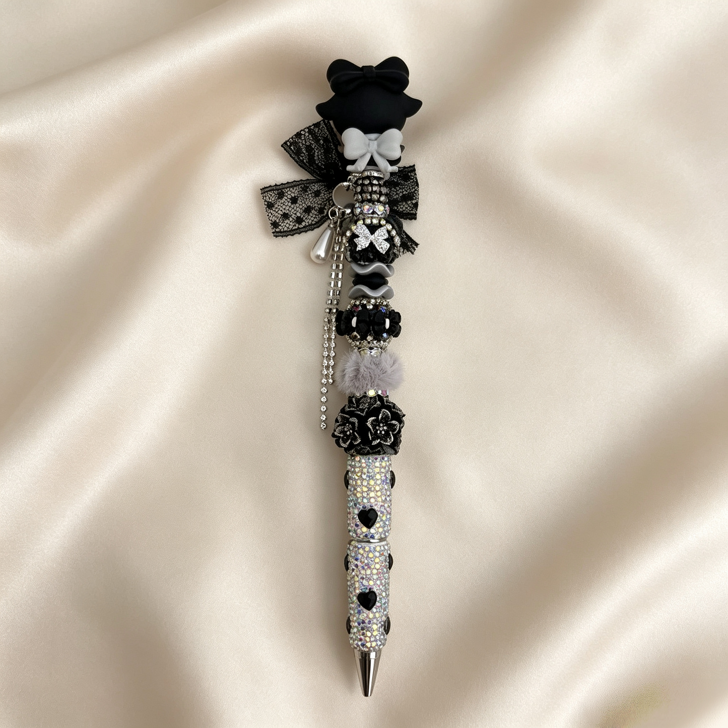 Dark Noir Lace Maiden Beaded Rhinestone Handmade Pen