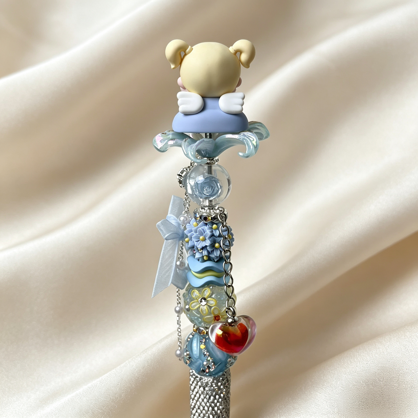 Sky-blue Cherub Doll Beaded Rhinestone Handmade Pen
