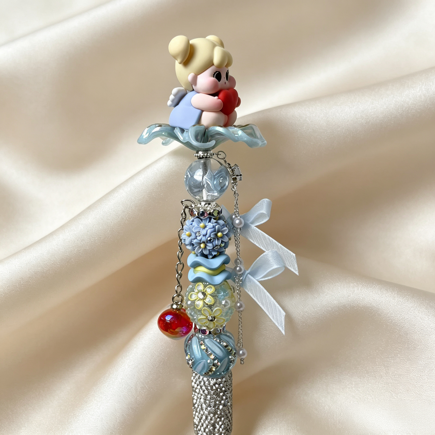 Sky-blue Cherub Doll Beaded Rhinestone Handmade Pen