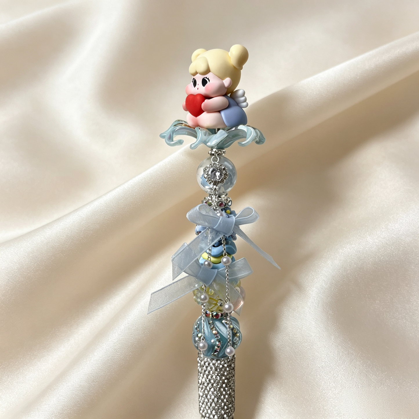 Sky-blue Cherub Doll Beaded Rhinestone Handmade Pen