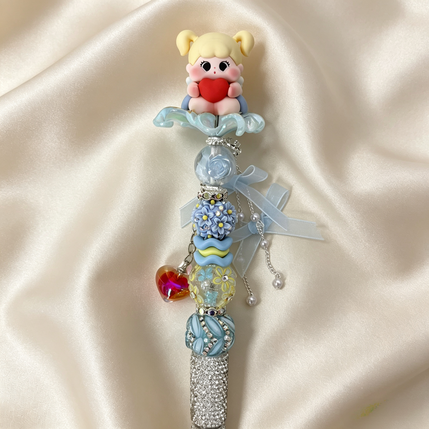 Sky-blue Cherub Doll Beaded Rhinestone Handmade Pen
