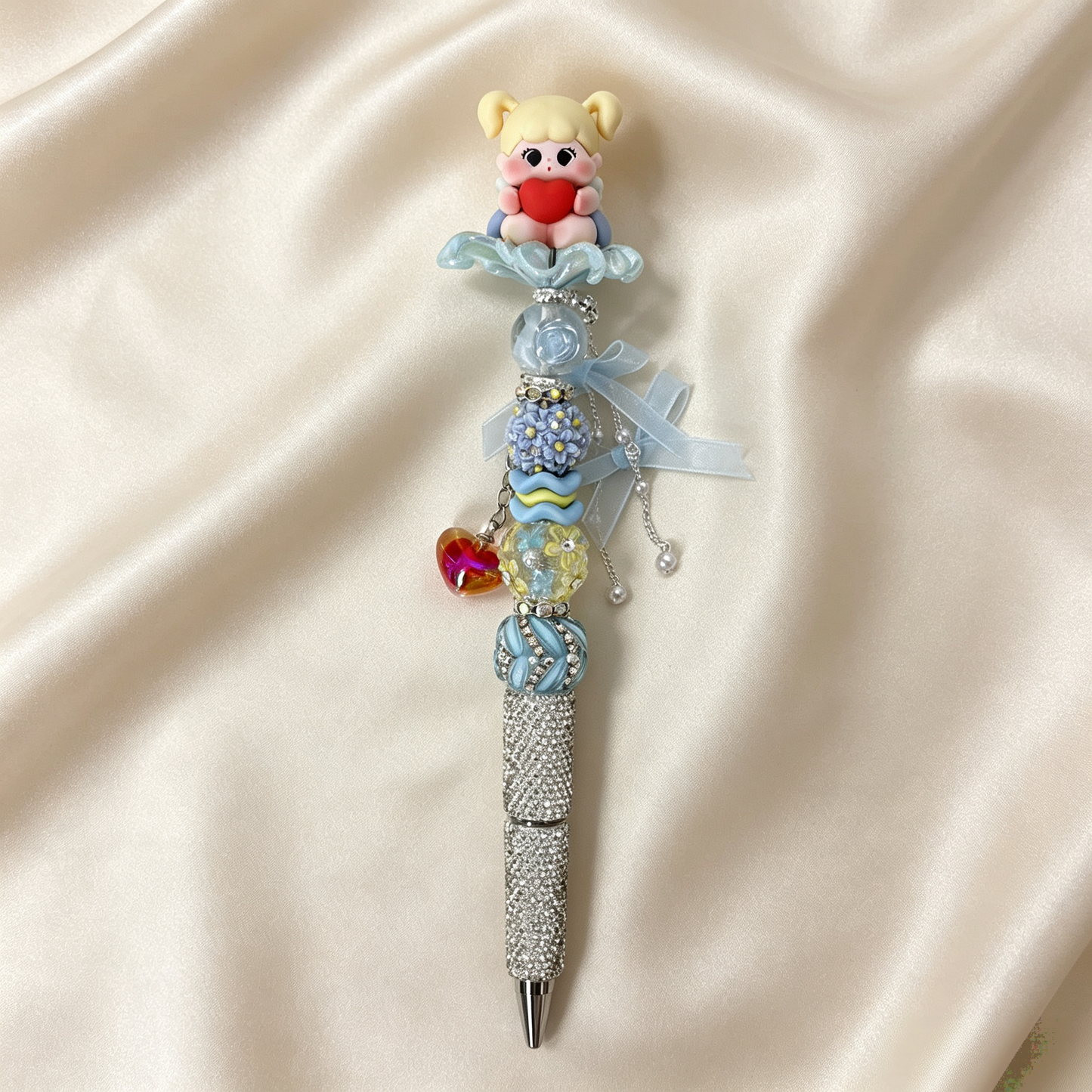 Sky-blue Cherub Doll Beaded Rhinestone Handmade Pen
