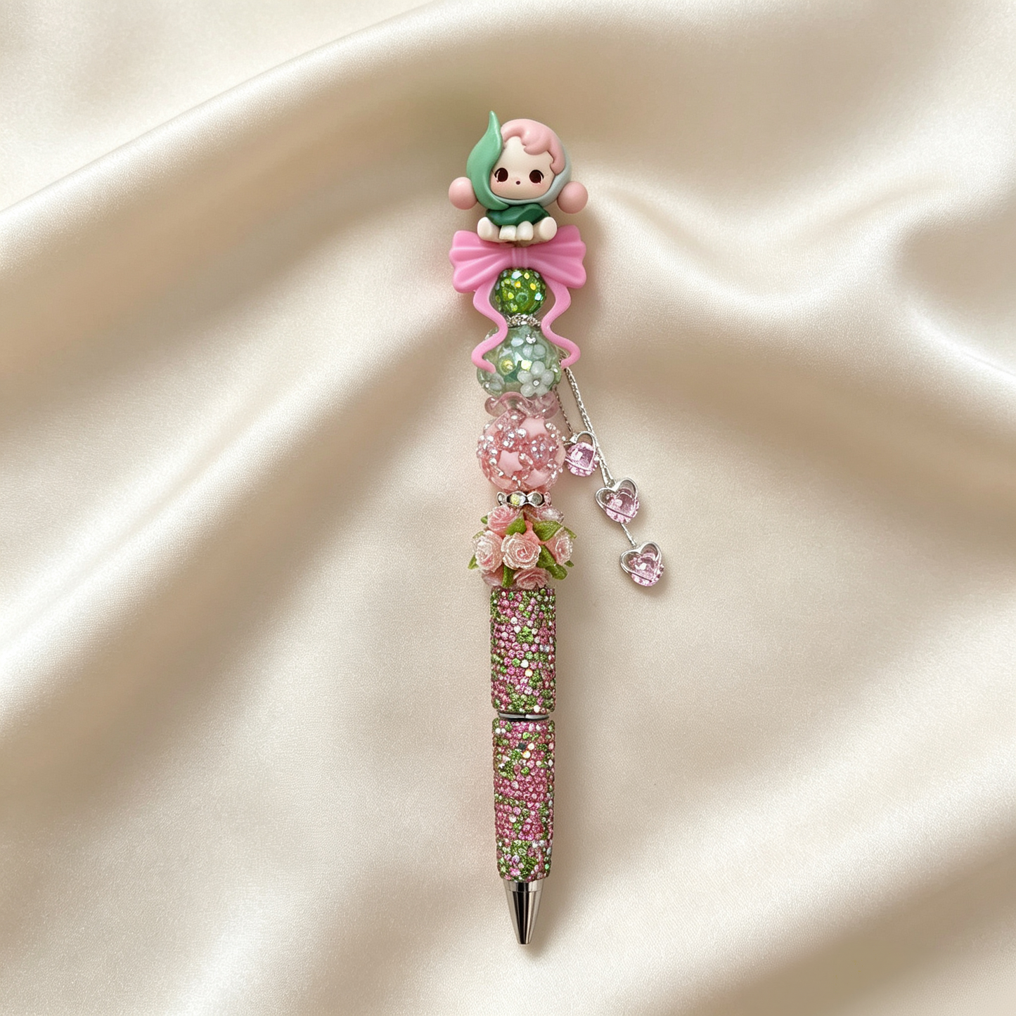 Spring Elf Pink‑Green Doll Beaded Rhinestone Handmade Pen