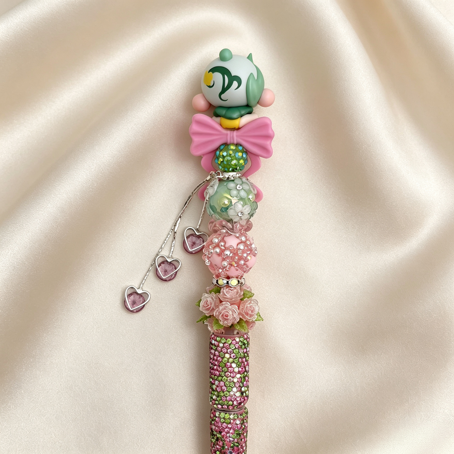 Spring Elf Pink‑Green Doll Beaded Rhinestone Handmade Pen