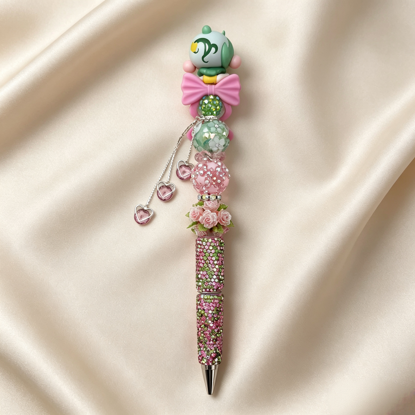 Spring Elf Pink‑Green Doll Beaded Rhinestone Handmade Pen