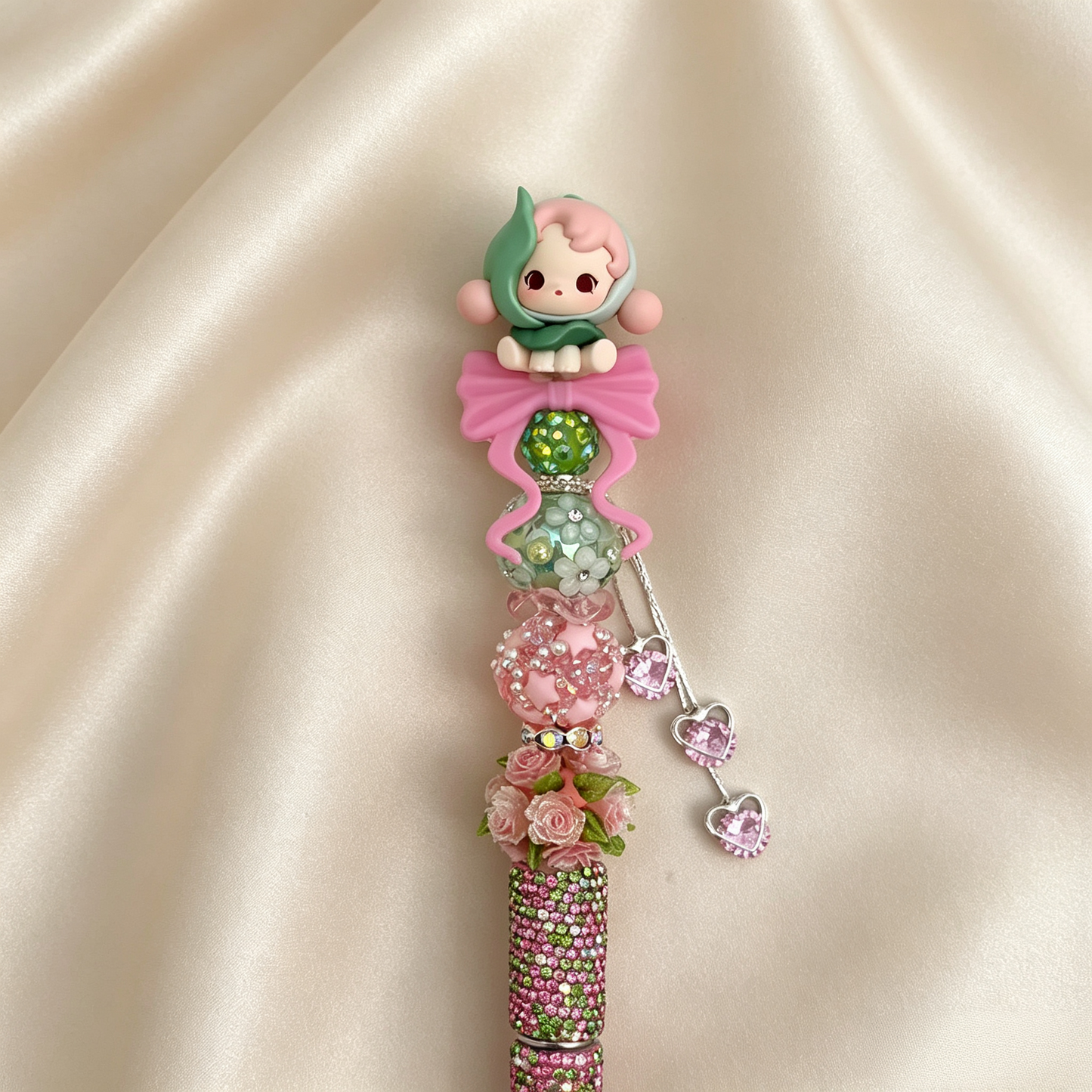 Spring Elf Pink‑Green Doll Beaded Rhinestone Handmade Pen